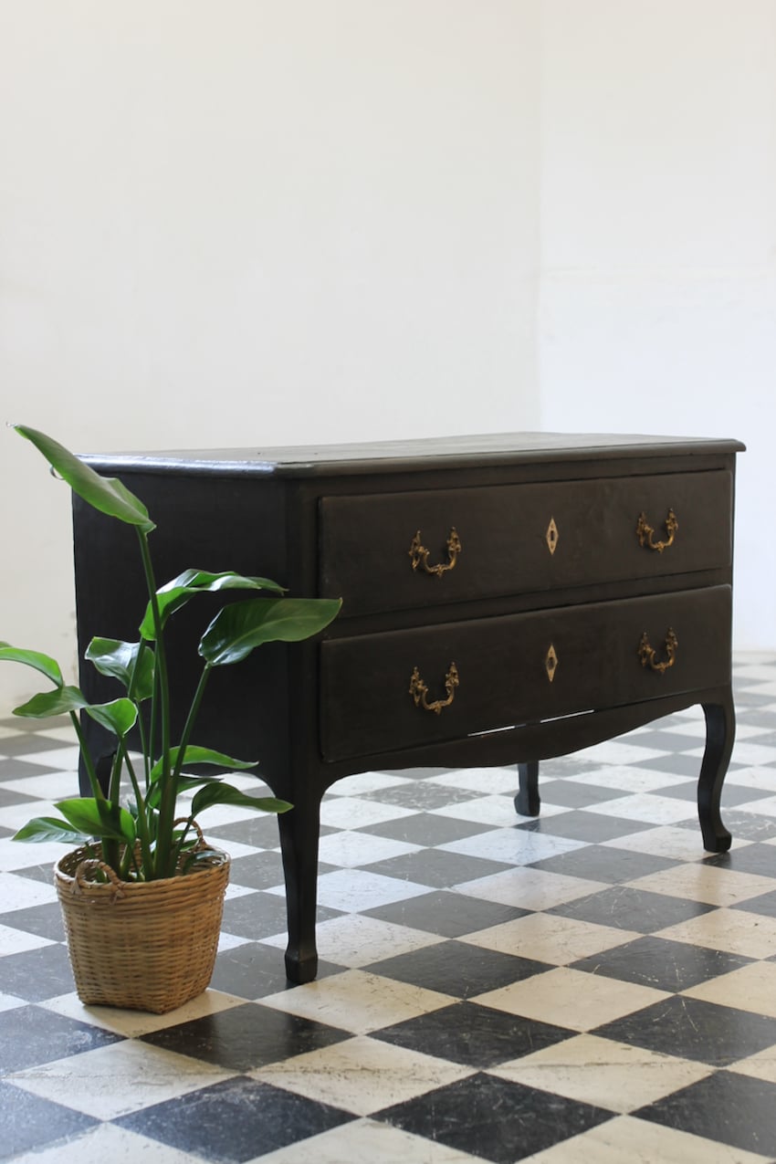 italian painted black early chest of two drawers