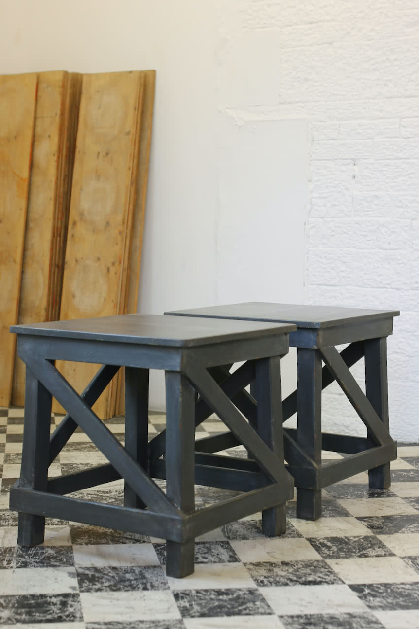 pretty cross framed grey-blue sofa side tables in pine and finished with an old look, the tables&nbsp;can be made to any length & depth.