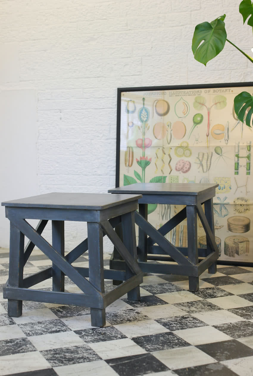 pretty cross framed grey-blue sofa side tables in pine and finished with an old look, the tables&nbsp;can be made to any length & depth.