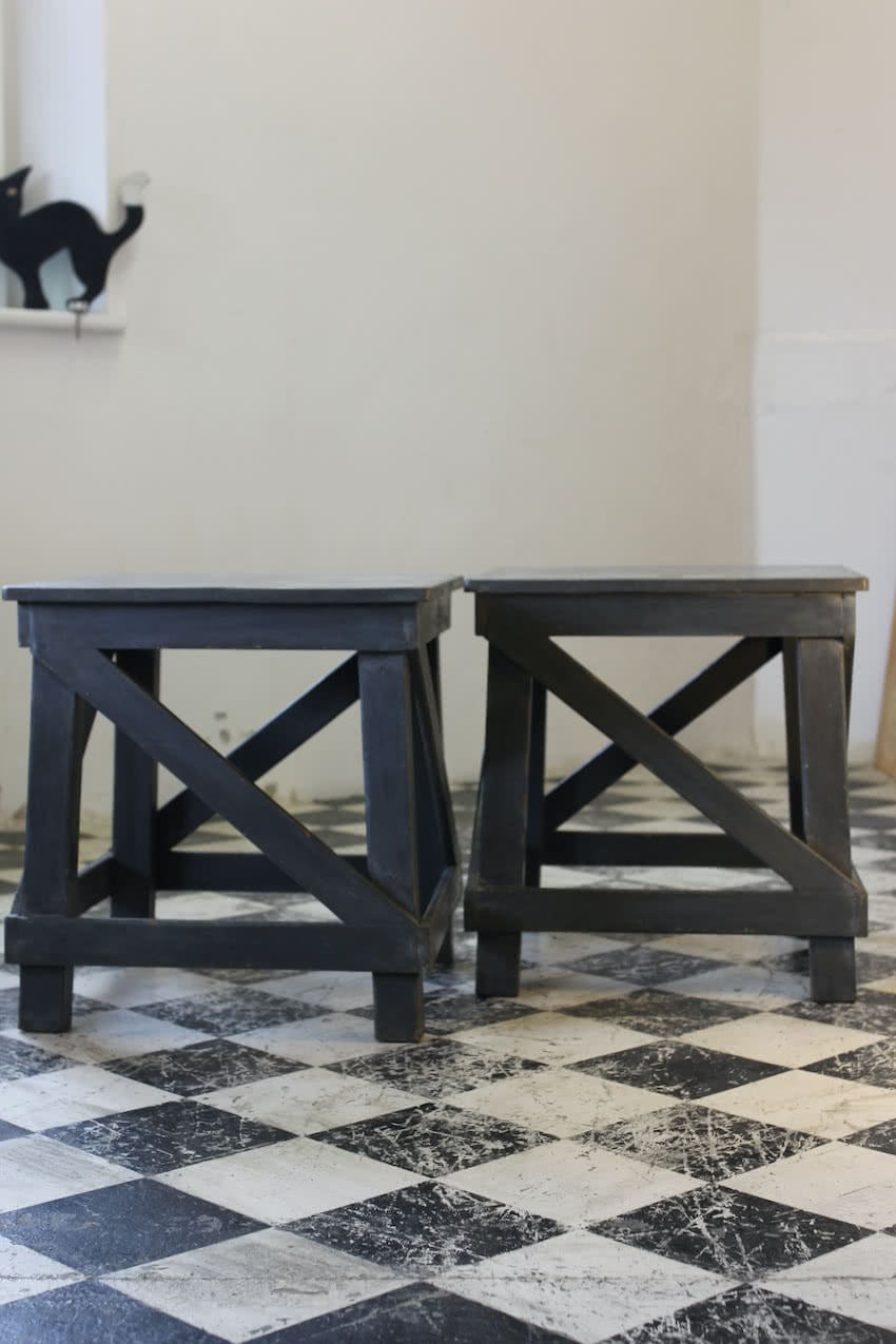 pretty cross framed grey-blue sofa side tables in pine and finished with an old look, the tables&nbsp;can be made to any length & depth.