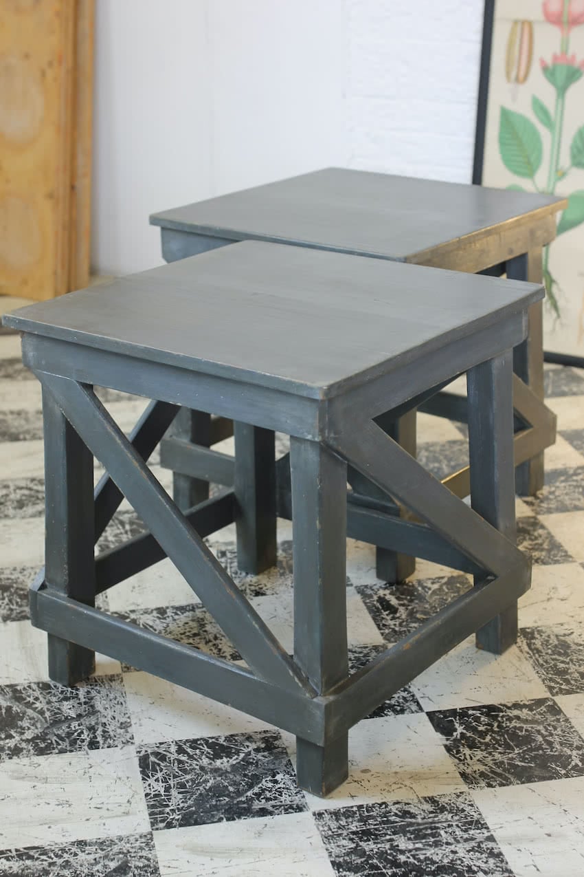 pretty cross framed grey-blue sofa side tables in pine and finished with an old look, the tables&nbsp;can be made to any length & depth.