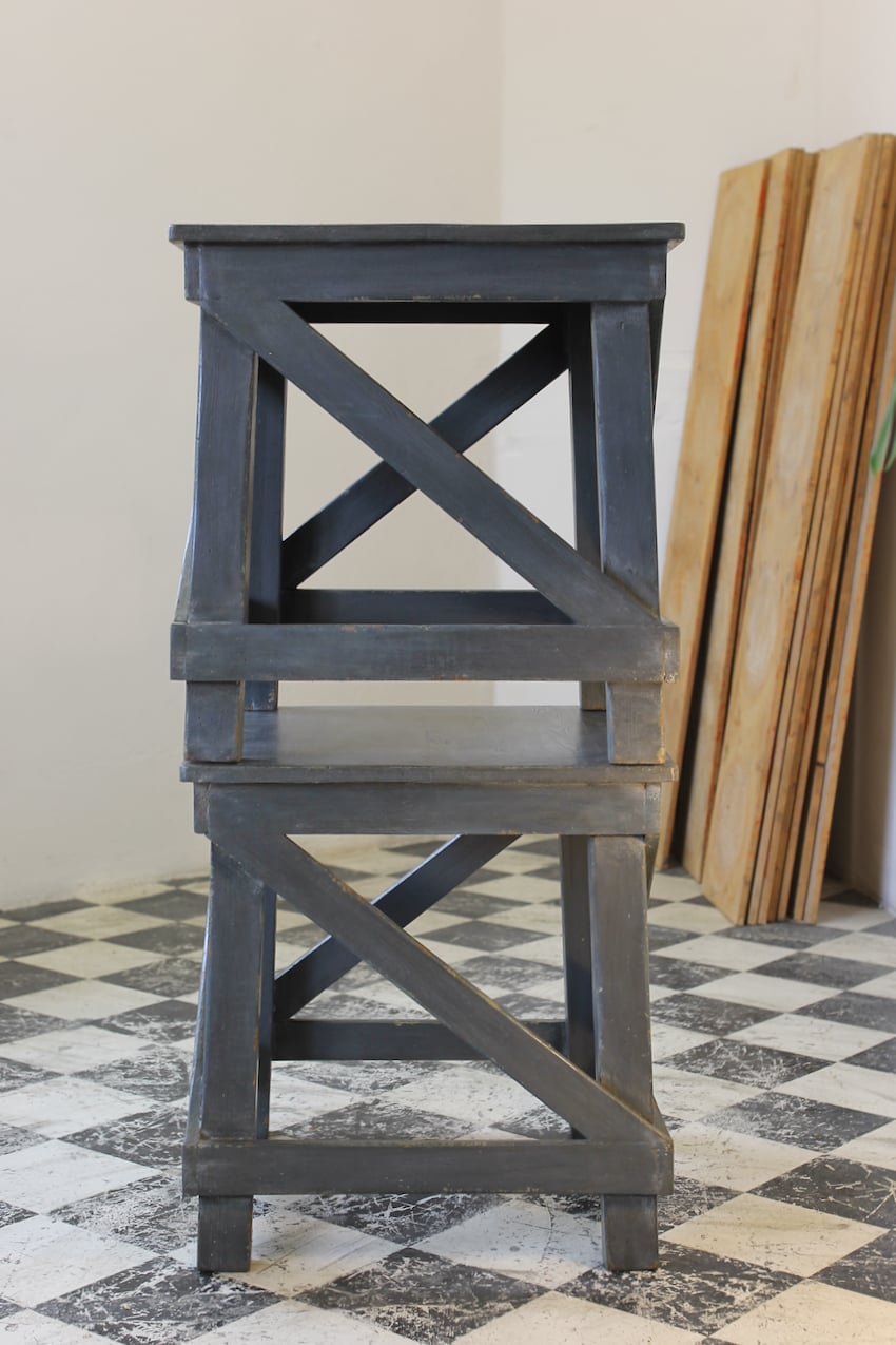 pretty cross framed grey-blue sofa side tables in pine and finished with an old look, the tables&nbsp;can be made to any length & depth.