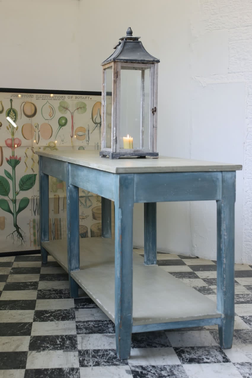 blue and taupe bespoke piece based on old french drapers table, pot board and tapered feet - can be made to any size.