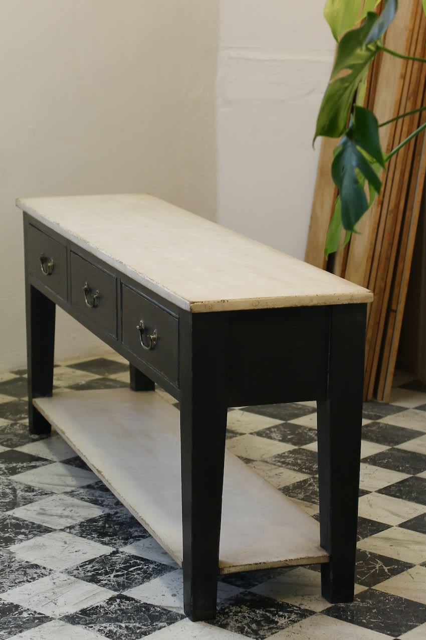 black & ivory three drawer pot board console, painted interior, georgian style brass handles, the console can be made to any length & depth.