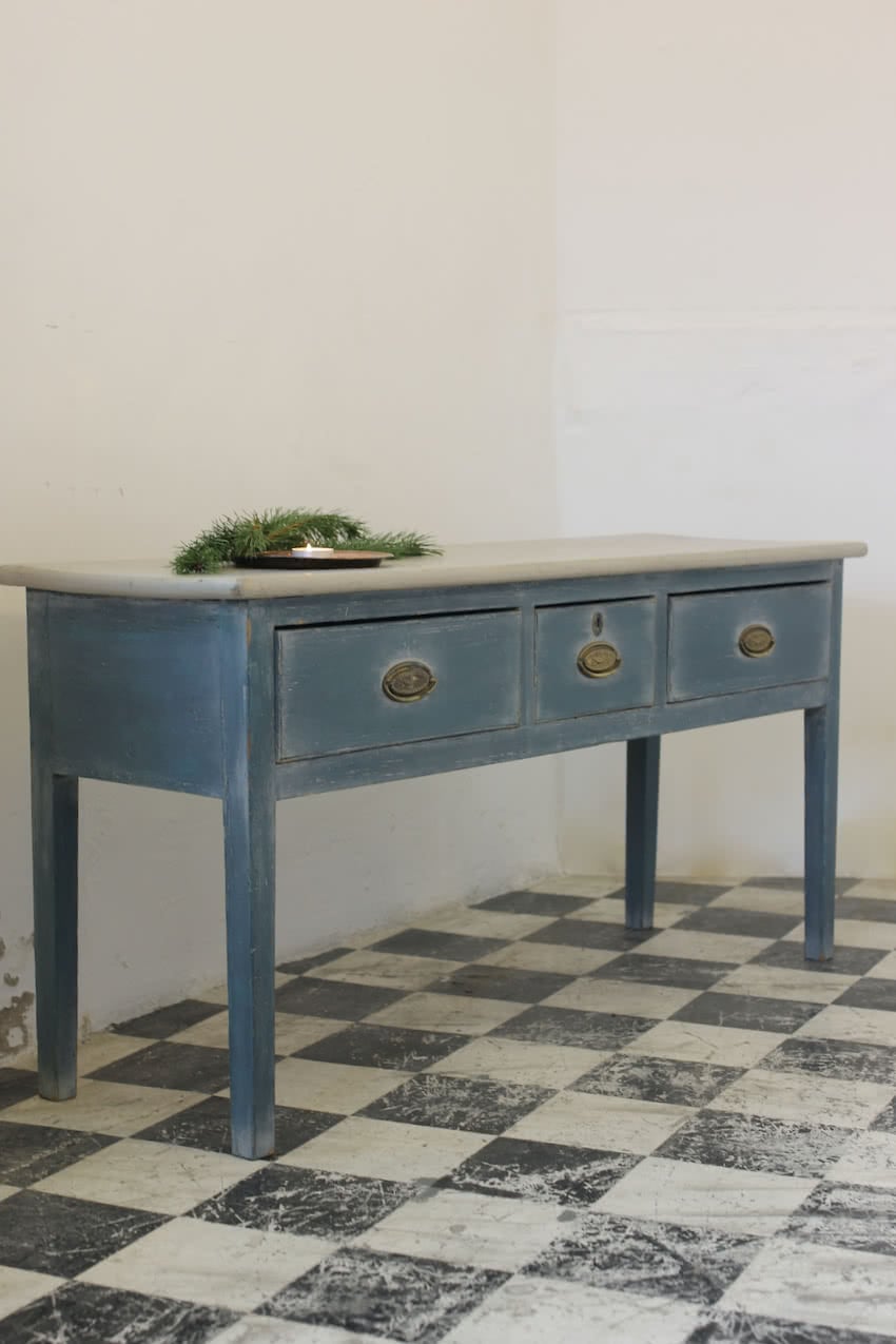 english painted pine three drawer console table