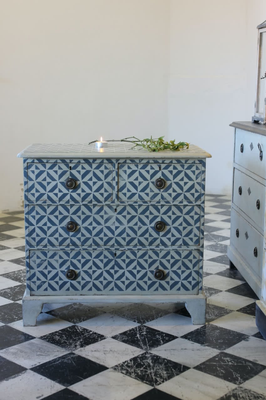 geometric victorian pine teal & white chest of drawers.