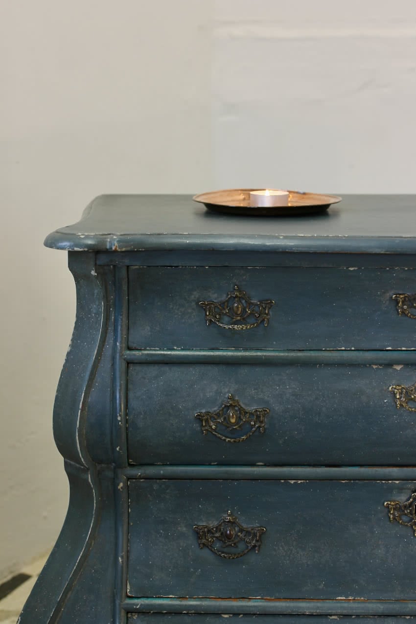 blue tall pine shelved cupboard