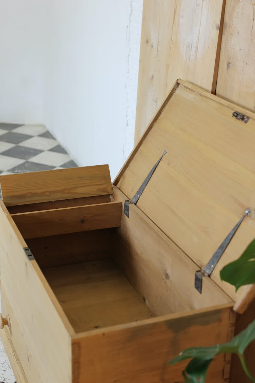 very pretty galleried french all original pine two door cupboardcupboard with shelf & metal handles and typical hinges.