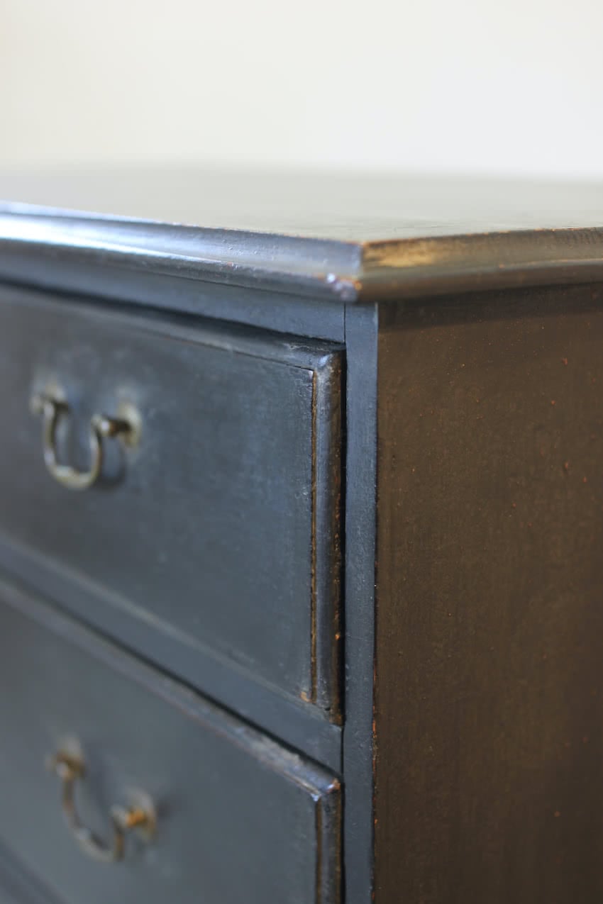 restored & refinished georgian tall pine black chest of five graduating drawers with brass swan neck handles & typical shaped feet.