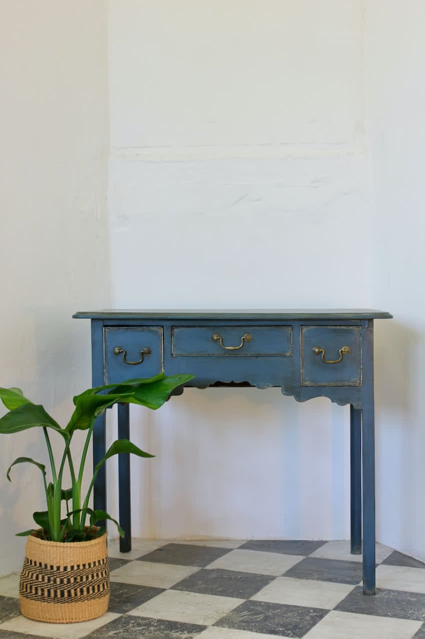 azure blue georgian three drawered side table.