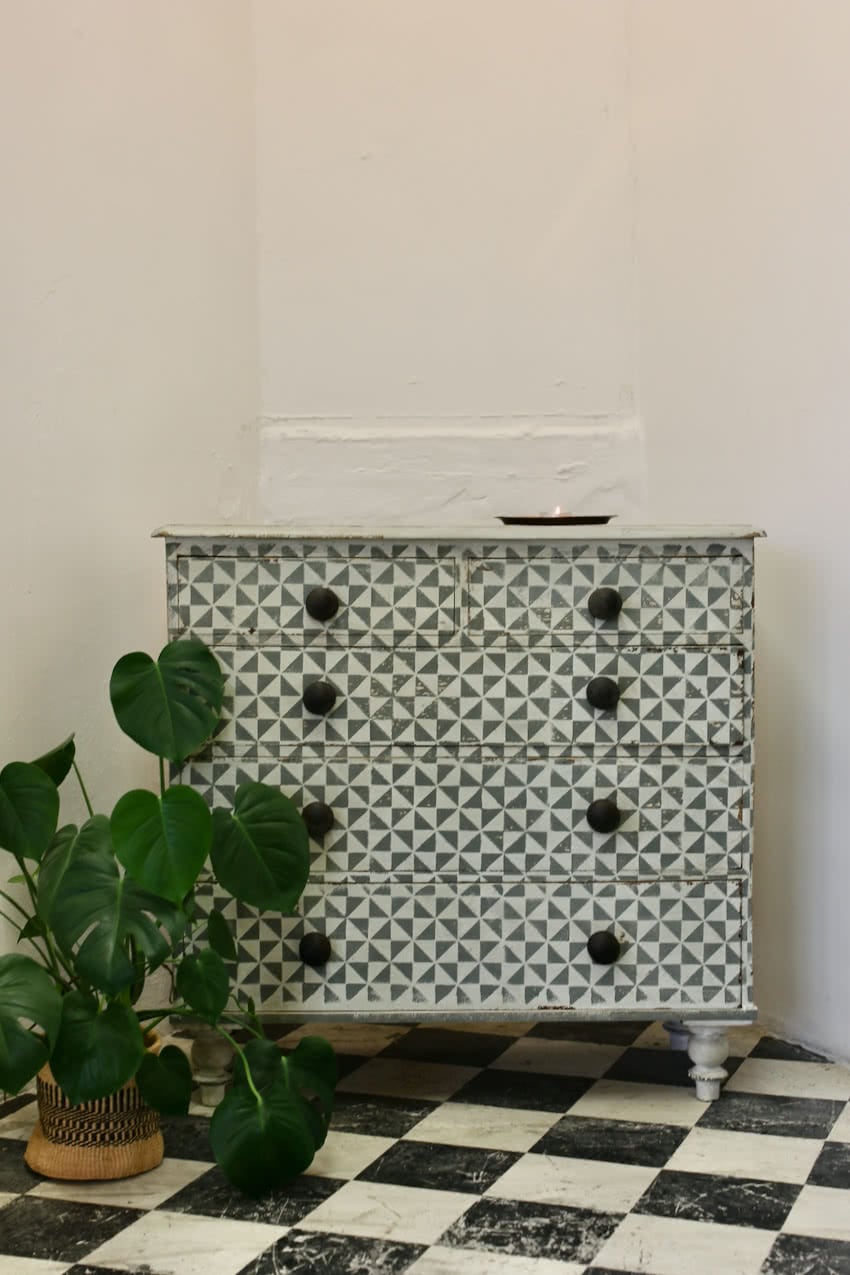 white and grey green geometric painted antique pine chest of drawers