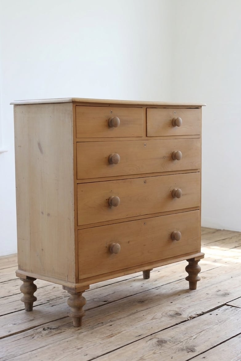 gorgeous looking antique english pine chest with new knobs and original feet, a very solid large chest of drawers.