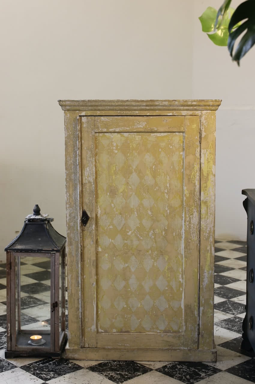 gorgeous antique pine cupboard with lemon geometic pattern and original paint