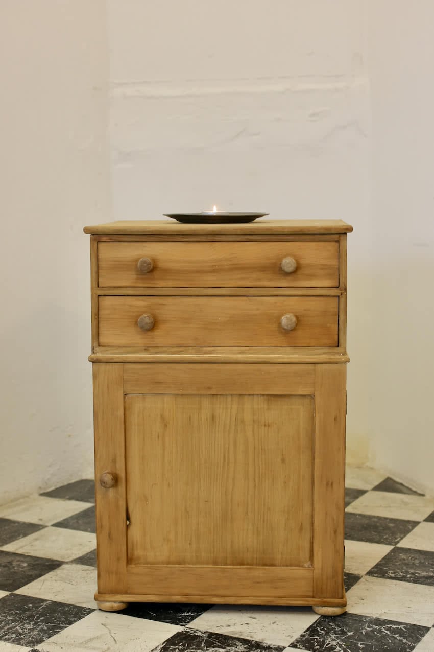 blue tall pine shelved cupboard
