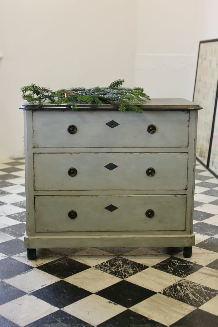white and grey green geometric painted antique pine chest of drawers