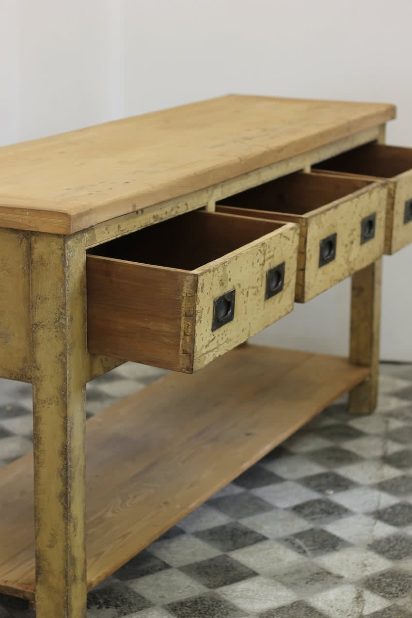 antique original painted pine english pot board base with three drawers